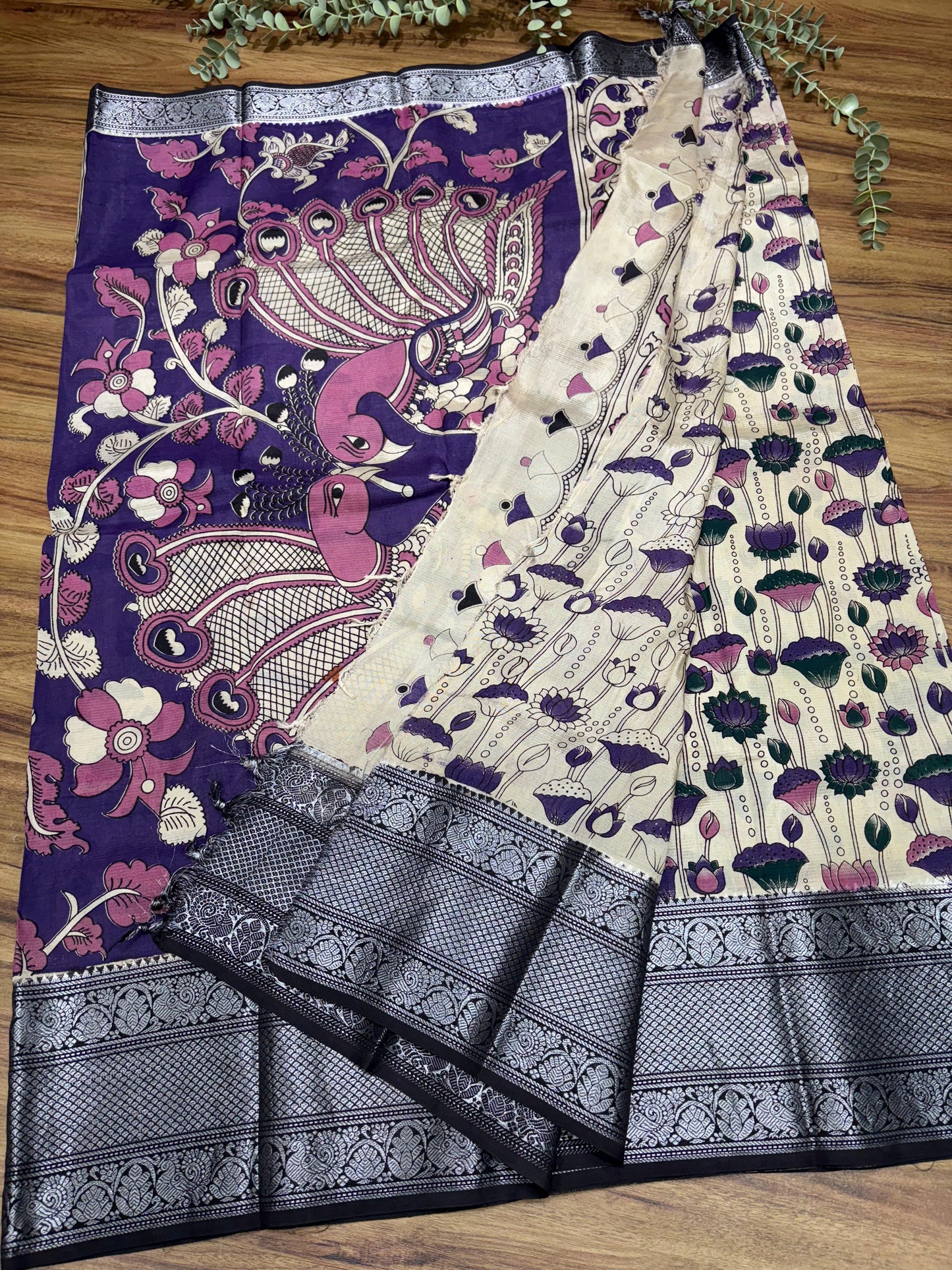 Rs0073-3mangalagiri handloom pattu kalamkari kanchi gap border sarees