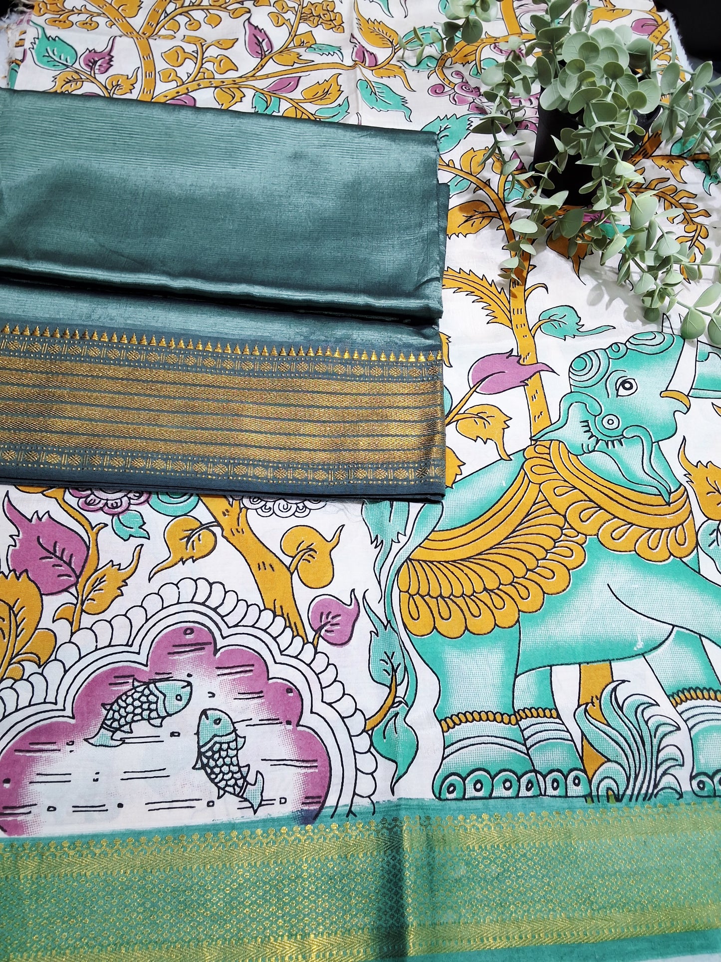 Rsp007-3mangalagiri powerloom dressmaterials with kalamkari dupatta