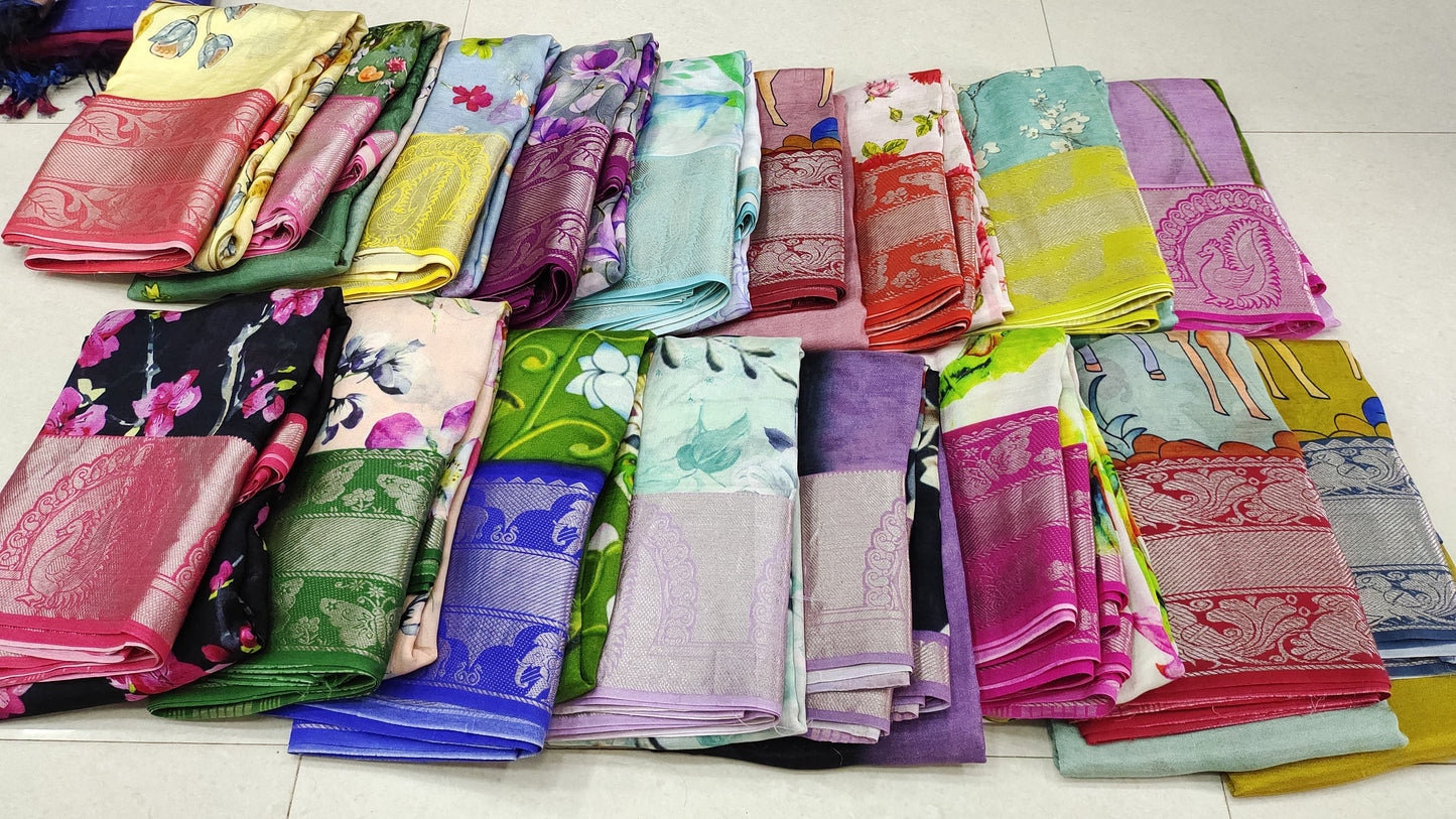 Mangalagiri Silk Digital Print Big boarder Sarees RS003