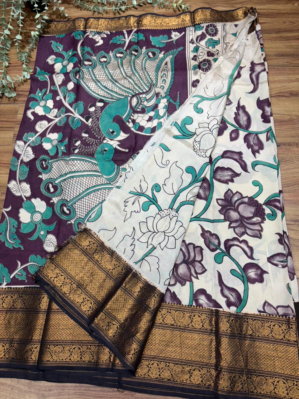 Rs0073-1 mangalagiri kalamkari kanchi gap border sarees