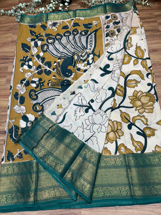 Rs0073-2 Mangalagiri pattu handloom kalamkari kanchi gap border sarees